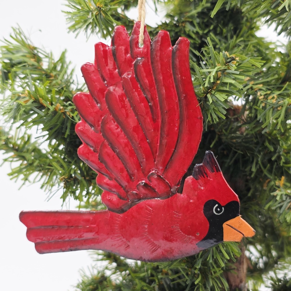 Vintage Cardinal Bird Ornament Christmas Tree Ornament Metal 4" Red Wings‎ Hang